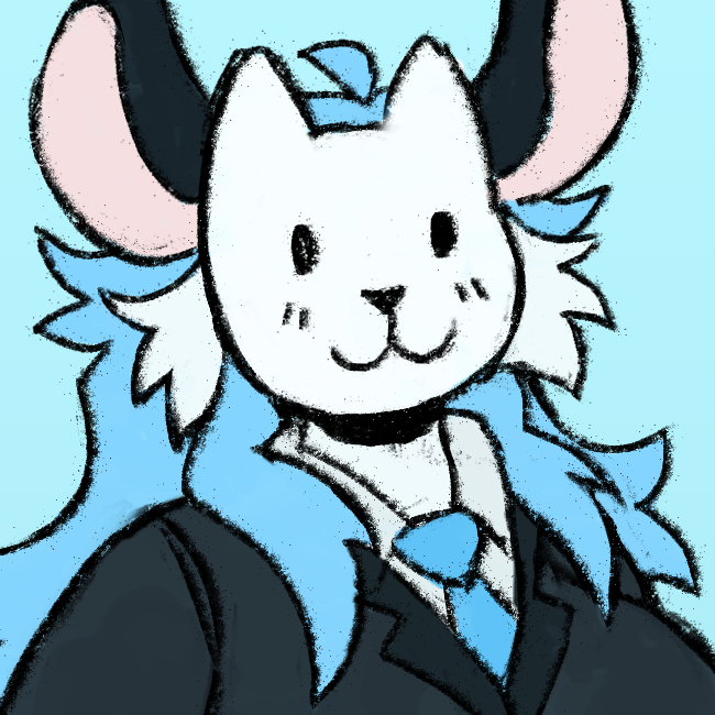 A headshot of a blue haired woman in a monochrome animal mask, wearing a suit.